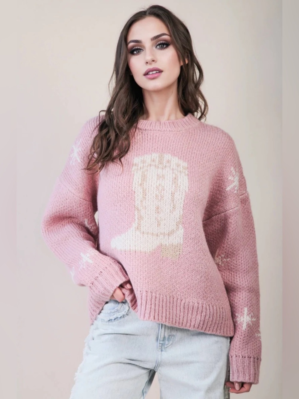 🆕 New In Shania Boot Pink Graphic Knit Sweater NWT SZ LG